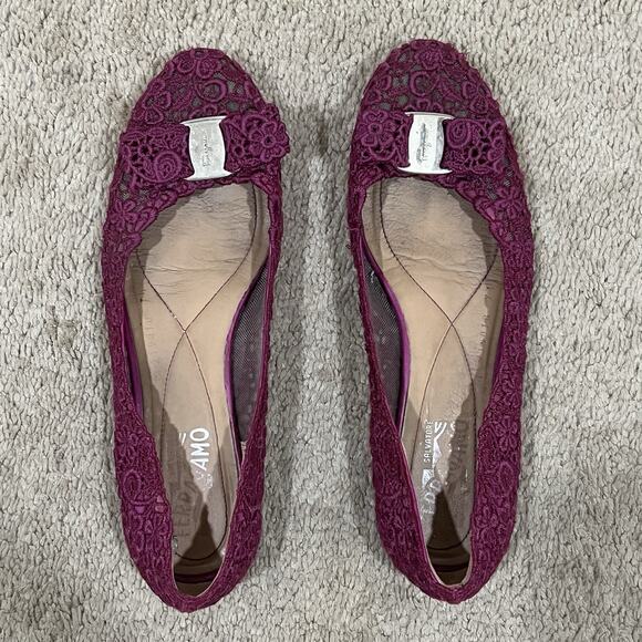 SALVATORE FERRAGAMO Size 7.5 Varina Crochet Ballet Flats Round Toe Slip On Wine - Picture 6 of 8